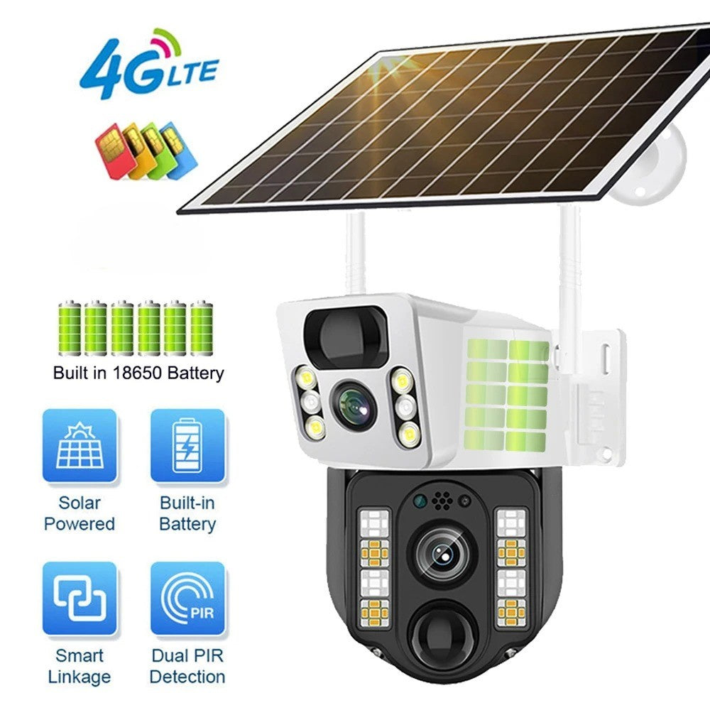 10 Megapixel 4G كاميرا مراقبة بالطاقة الشمسية عدستين مزدوجة ثابتة ومتحرك