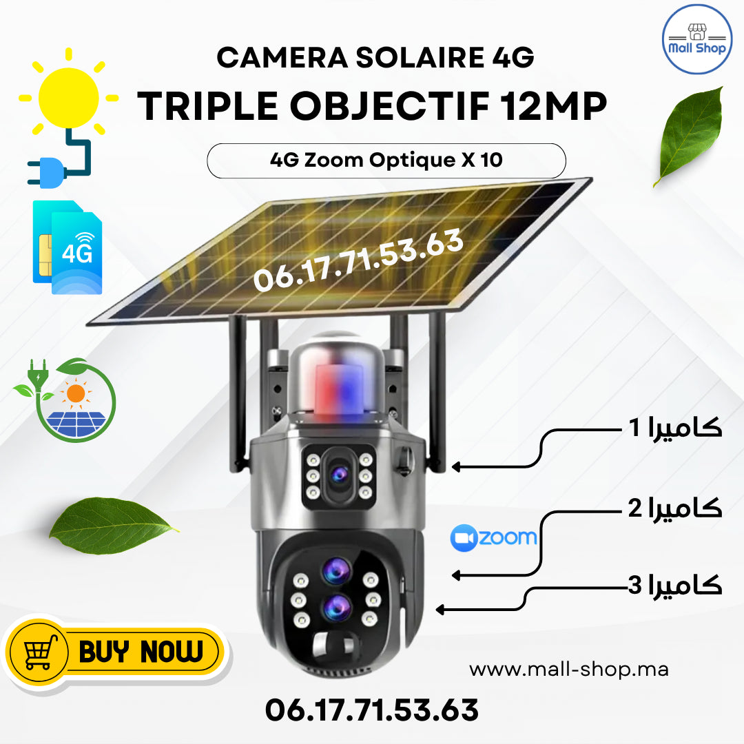 كاميرا مراقبة بالطاقة الشمسية 6K ثلاثية العدسة بدقة 12 ميجابكسل 4G Zoom Optique X10