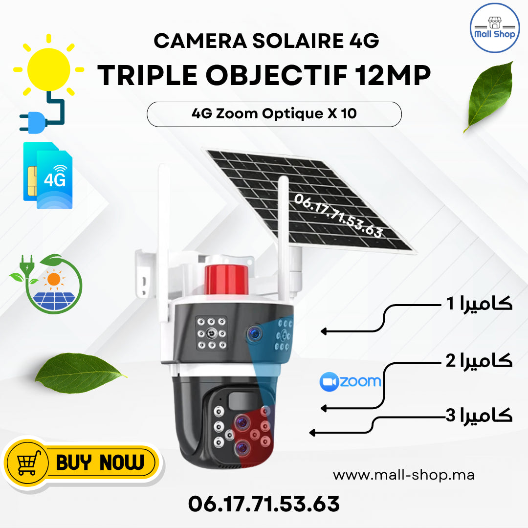 كاميرا مراقبة بالطاقة الشمسية 6K ثلاثية العدسة بدقة 12 ميجابكسل 4G Zoom Optique X10