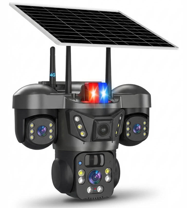 كاميرا مراقبة شمسية 4G ثلاث كاميرات مع رؤية ليلية وتتبع الحركة بزاوية 360 درجة